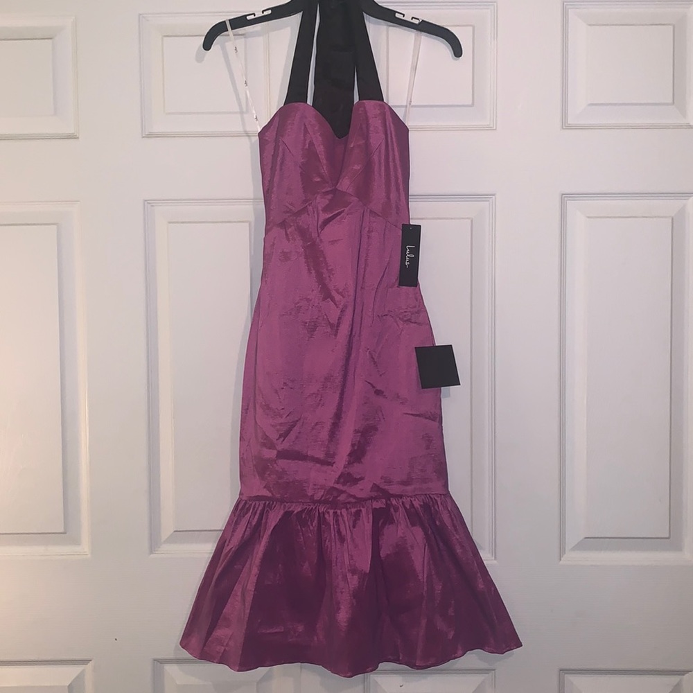 Lulu’s Fuschia Purple Metallic Evening Dress Halter Black Sash